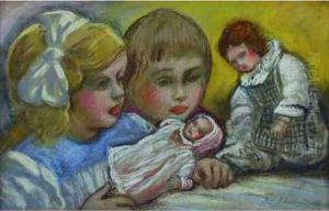 Edouard - Enfants Avec Une Poupe Pastel Sur Papier Maroufle Sur Toile, Sbd by Ferdinand Gabriel E. Haberjahn