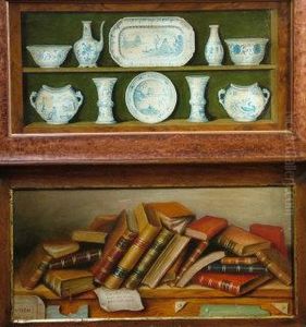 Trompe-l'oeil Of Blue And White China On A Shelf And Scattered Books by John Haberle