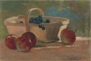 Basket Of Purple Grapes With Four Apples by John Haberle