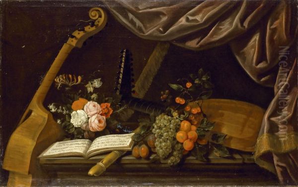 Fleurs, Fruits Et Instruments De Musique Sur Un Entablement Enpierre - view 1