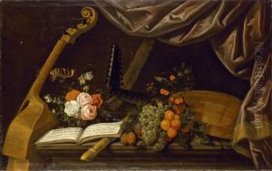 Fleurs, Fruits Et Instruments De Musique Sur Un Entablement Enpierre by Francois Habert