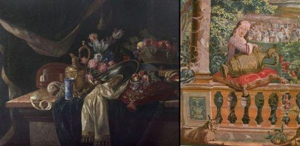 Nature Morte Au Bouquet De Fleurs, Fruits, Coquillage, Gobelet Deporcelaine, Luth Et Pieces D'orfevrerie. - view 1