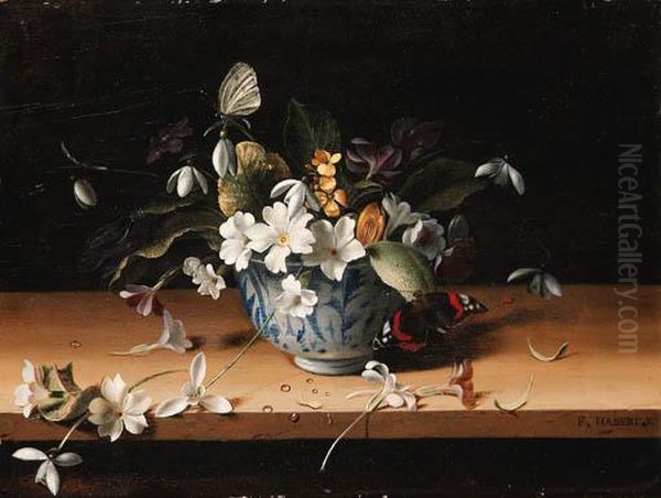 Stephanotis, Primroses, Snowdrops And Other Flowers In A Blue And White Chinese Bowl With A Red Admiral And A White Cabbage Butterfly On A Ledge - view 1