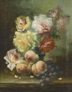 Bouquet De Roses Avec Peches Et Raisins. by R. Habert