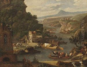 Flusslandschaft Mit Hirten, Vieh Und Schiffen by Jan Hackaert