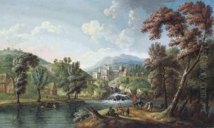 An Extensive River Landscape With Figures Resting On Bank, A Castlebeyond