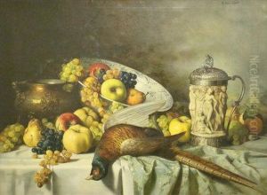 Magnificent Still Life Of Table Set With Festive Fare, Fruit In A Large Ceramic Bowl, Grapes, Game And A Carved Stein Wine Tankard With Classical Motif To The Right by Adolf Hacker