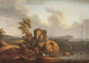 A Mountainous Landscape With A Farmstead On A Rock Near A Lake