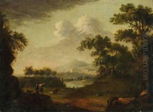 A Wooded River Landscape With A Drover And His Cattle, A Fortified Town Beyond by Jacob Philipp Hackert