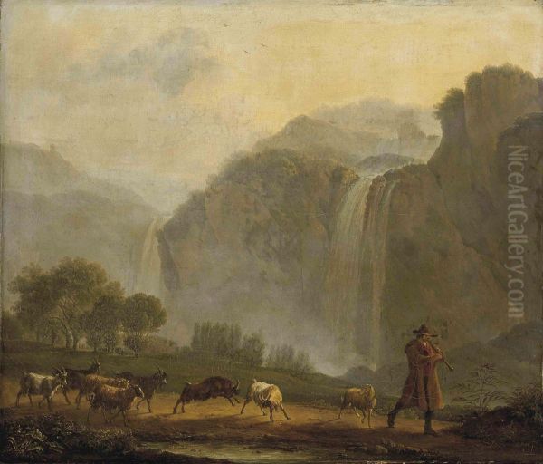 A Mountainous Landscape With A Shepherd And His Flock On A Track Before A Waterfall by Jacob Philipp Hackert
