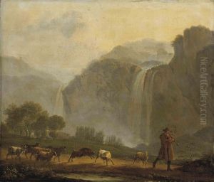 A Mountainous Landscape With A Shepherd And His Flock On A Track Before A Waterfall