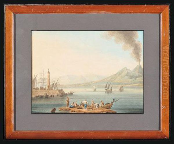 Pescatori Nel Golfo Di Napoli, Con Molo E Il Vesuvio Sullo Sfondo - view 1