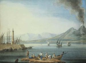Pescatori Al Golfo Di Napoli, Con Il Molo E Il Vesuvio Sullosfondo by Johann Gottlieb Hackert