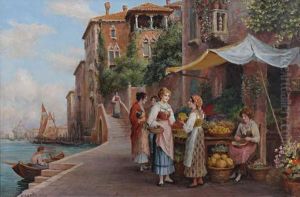 Fruit And Flower Sellers On A Venetian Canalside