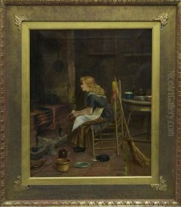Study Of A Young Girl Seated Beside A Kitchen Fire With Her Cat Beside by David W. Haddon
