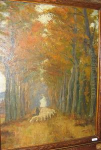 Le Berger Et Ses Moutons Dans Une Dreve by Leopold Haeck