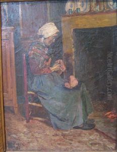 Breistertje Bij De Openhaard. by Leopold Haeck