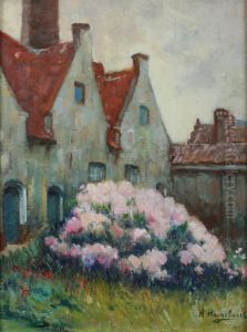 Farmhouse With Pink Peonies by A Haeghebaert