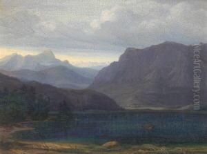 Blick Uber Einen See Mitruderboot In Alpiner Landschaft Mit Einem Dorf Am Anderen Ufer