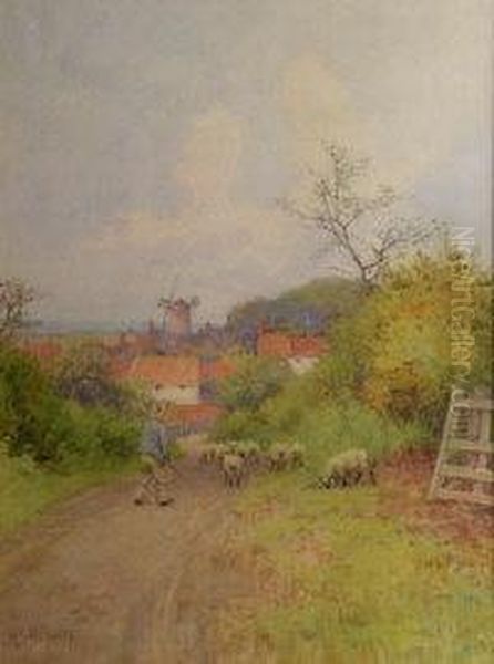 A Shepherd With His Flock On A Country Road - view 1