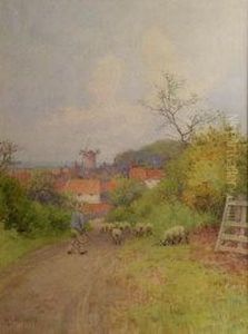 A Shepherd With His Flock On A Country Road by Mary S. Hagarty