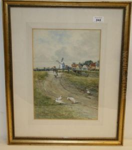 Girl And Geese On A Track With Windmill Beyond by Parker Hagarty