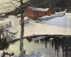 Vinterlandskap Med Gardsbruk by August Wilhelm Nikolaus Hagborg