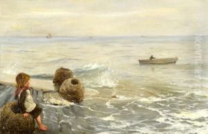 Kustmotiv Fran Bretagne Med Flicka Pa Brygga by August Wilhelm Nikolaus Hagborg
