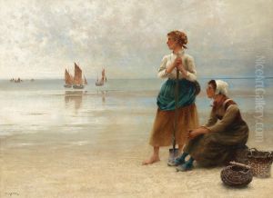 Girls Gathering Oysters, Brittany by August Wilhelm Nikolaus Hagborg