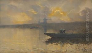 Pecheur Au Coucher Du Soleil Pres Du Moulin by Maurice Hagemans