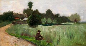 Knabe Am Wegrand Vor Einem Kornfeld Sitzend by Karl Hagemeister
