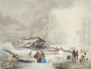 A Winter Landscape With Figures Skating On A River