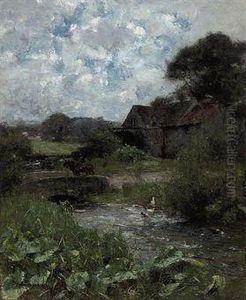 Horses On A Bridge, Farm Buildings Beyond by Joshua Anderson Hague