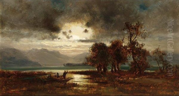Fisherman In His Boat In A Fluvial Landscape - view 1