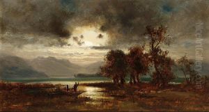 Fisherman In His Boat In A Fluvial Landscape by Josef Hahn