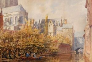 Figures By A River Near A Cathedral by Axel Herman Haig