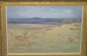 "harvest Time In Berwickshire, Cockburn Law In The Distance" Signed And Dated "1907", Also Inscribed On The Stretcher Verso, Possibly In The Artist's Own Hand "harvest Time In Berwickshire, Cockburn Law In The Distance" Signed And Dated "1907", Also Inscribed On The Stretcher Verso, Possibly In The Artist's Own Hand