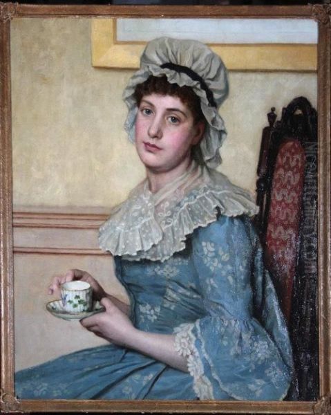 Portrait Of A Young Woman Wearing A Mob Cap, Seated On A Chair And Holding A Tea Cup - view 1