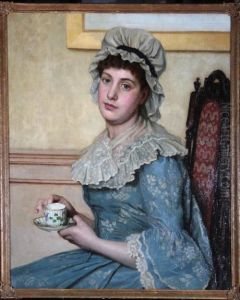 Portrait Of A Young Woman Wearing A Mob Cap, Seated On A Chair And Holding A Tea Cup by Thomas Waterman Wood
