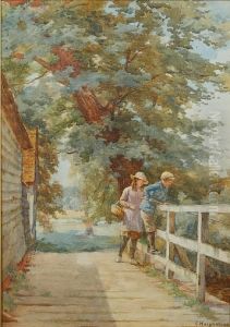 Children Fishing From A Bridge by Thomas Waterman Wood
