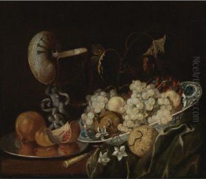 Still Life Of Grapes And Other Fruits In A Wan-li Porcelain Bowlwith A Nautilus Shell Drinking Glass