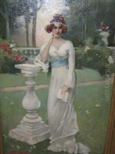 Elegant Lady In White Gown Leaning Against A Sun Dial