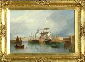 Seaham Harbour With A Collier And Other Shipping At Moorings In The Foreground. by Thomas Henry Hair