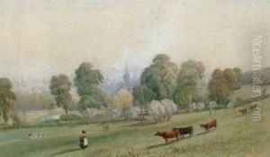 Figures With Cattle In A Pasture With A Town Beyond; Watercolour, Signed And Dated 1850, 30x47cm