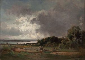 Heuernte Am Starnberger See Bei Aufkommenden Gewitter by Fritz Halberg-Krauss