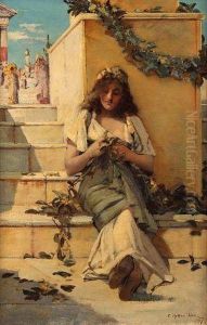 Orientalist Study Of A Young Lady Making Garlands On Temple Steps by Edward Matthew Hale