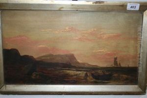 Oil On Canvas Inframe - Figures On Rocky Shore With Fishing Boats - Signed, 24.5cmx 44.5cm by William Matthew Hale