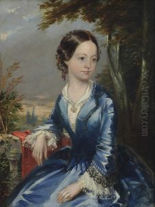 Portrait Of Miss Woolford, Aged 14, Seated Three-quarter-length, In A Blue Dress With White Lace Collar And Cuffs, A Landscape Beyond