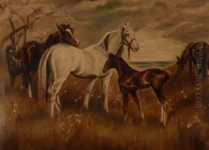 Horses And Foal In A Meadow by Alice Hall
