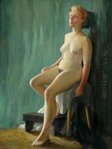 Nude Study Oil On Canvas Signed 'bhall' Lower Left by Bernard Hall